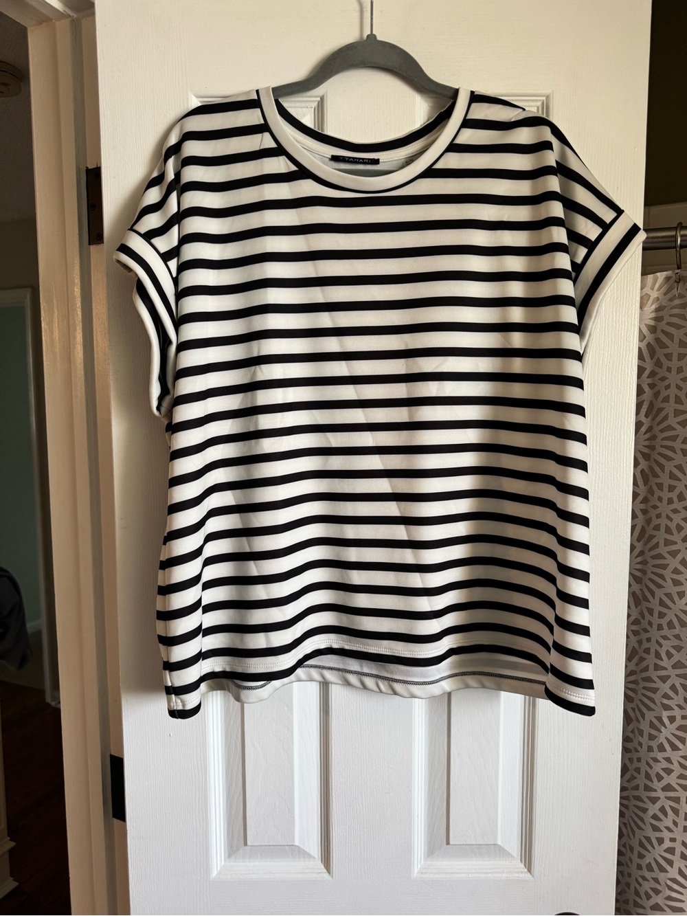 Tahari Black and White Striped Short Sleeve Top
